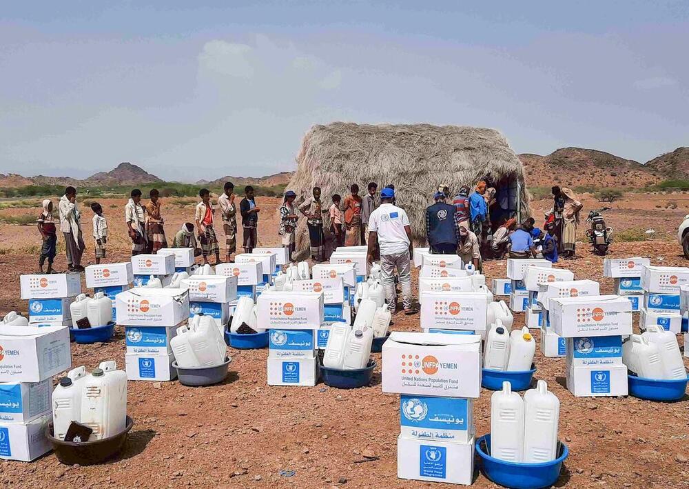 Yemen, 2025. &nbsp;Rapid Response Mechanism (RRM) kits are prepared to be distributed to internally displaced families. Credit: © UNFPA Yemen